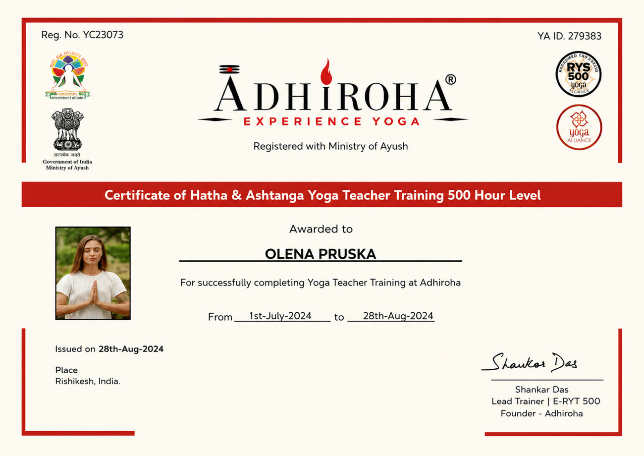 Olena Pruska — 500-Hour Hatha & Ashtanga Yoga Teacher Training Certificate (Adhiroha, Rishikesh)
